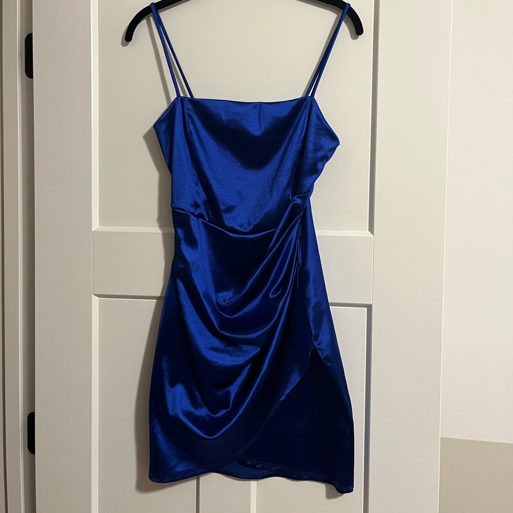Windsor Blue ruched Satin cocktail mini Dress